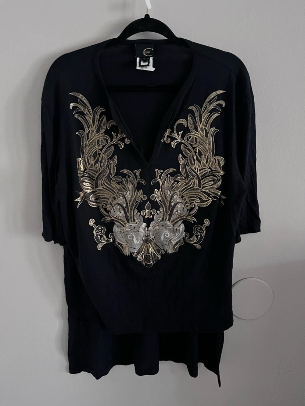 Just cavalli Black Top with Gold Embellished V-Neck size 56 short sleeve top